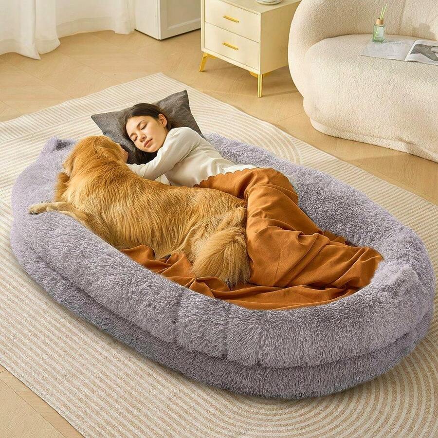 Large Dog Bed 72x40in Extra Comfort Washable Velvet Bean Bag For Humans And Pets Cozy Sleeping Solution - Grey - View 1