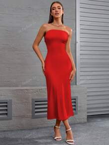 1 peça Novo Vestido Longo com Alças, Decote Costas Nuas e Franzido, Estilo Europeu/Americano, Sexy para Festa/Férias