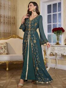 女士长袖优雅亮片二合一连衣裙