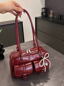 大容量复古仿皮纯色女士单肩包，带吊坠，吊坠可能因批次不同而略有不同 - 酒紅色 - 查看 8