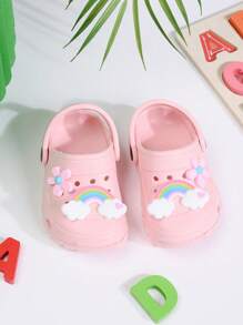 New Kids Girls Boys Hollow Out Flat Non-Slip Slip On Sandals, Fastener Adjustable Cute Rainbow & Floral Pattern, Versatile Summer Beach Slippers For Holiday
