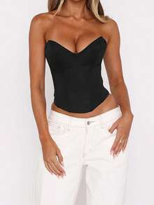 1pc Solid-Color Knit Tube Top, Suitable For Dates, Parties, Holidays, Birthdays, Back-To-School Events, Single Parties, Summer - Black - View 3