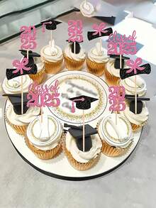 4/12/24 件/套 2025 届毕业纸杯蛋糕装饰 - 鲜艳的闪光帽子和文凭设计，优雅的木制毕业派对甜点选择，无羽毛，无需电源，庆典装饰|庆典主题|耐用的竹子材料，毕业蛋糕装饰，蓝色和黑色，黑金色 - 彩色 - 查看 5