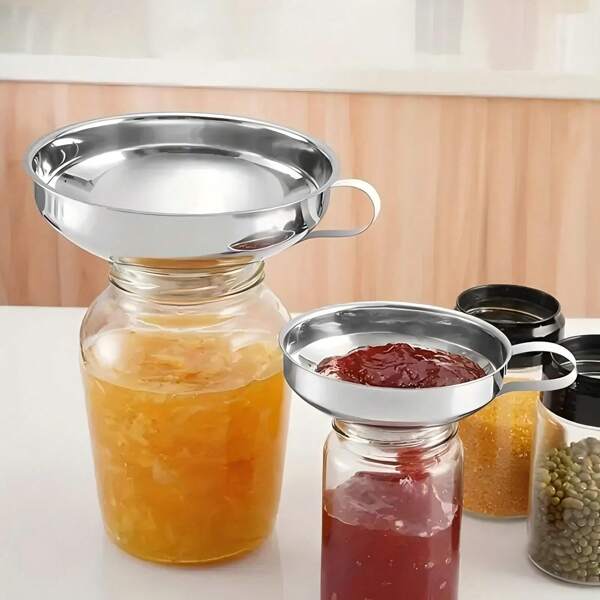 1 Stück/2 Stücke, Edelstahl Trichter mit Griff für die Küche, Küchensieb, breiter Mund und normale Größe, Metall, geeignet für Marmelade, Sojasauce und Speiseöl