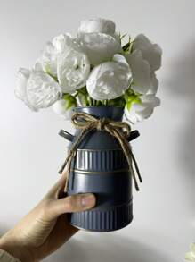 Vintage-Style Milk Can Shaped Iron Vase With Artificial Flowers Set, Vase Suitable For Living Room, Desk, Cafe, Garden Party, Wedding Party Decor