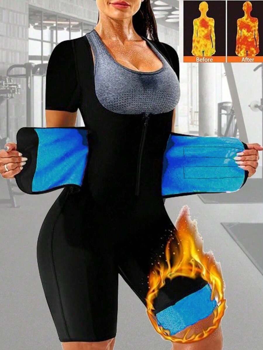 Traje de sauna con cremallera para mujer con control de abdomen, entrenador de cintura, parte superior de manga corta, corsé deportivo, body moldeador de talla grande, mono, mallas, conjunto de ropa deportiva para mujer