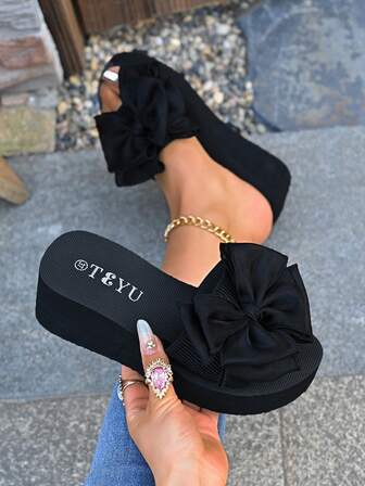 女士时尚坡跟厚底防水台舒适拖鞋凉鞋，夏季新款休闲沙滩鞋，蝴蝶结装饰带，舒适户外黑色拖鞋