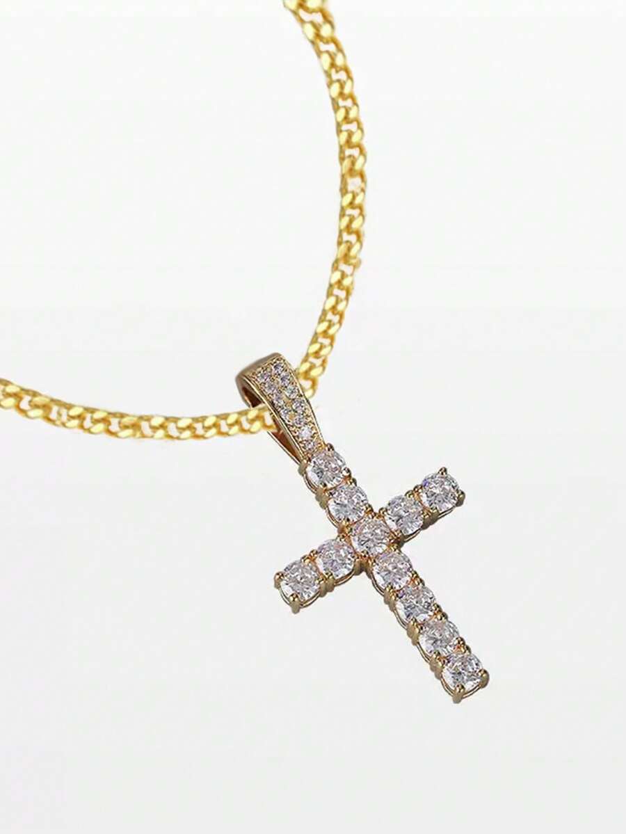 1pc Fully Rhinestoned Cross Necklace For Men, Hiphop Street Rapper Stainless Steel Cross Pendant Necklace - Yellow Gold - View 1