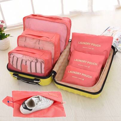 7 Pcs Minimalist Solid Color Versatile Luggage Bag Set, Versatile Dustproof Organizer For Outdoor Trip Use