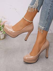 Novos sapatos de salto alto plataforma à prova d'água, cor vinho, bico redondo, confortáveis para escritório, salto grosso e design de tira, adequados para tamanhos grandes - Bege - Ver 2