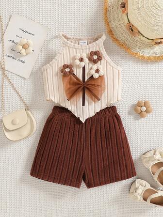 0 - 3 Years Baby Girls' Stylish Set: Beige Halter Top With Crochet Flowers & Bow, Brown Ribbed Shorts