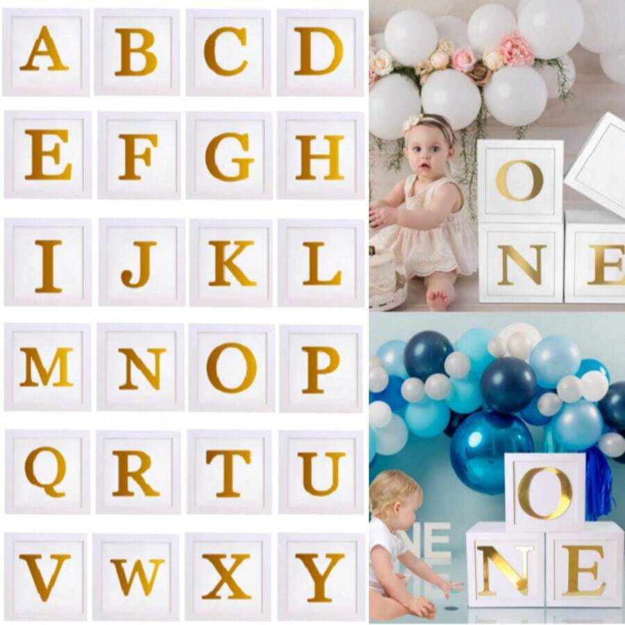 Baby-Shower Geschenkboxen Party Dekoration - 4 Stücke 3D weiße Baby Ballon Boxen mit goldenen Baby+A-Z Buchstaben, Baby Party Boxen Baby Blöcke für Teddy Bär Baby-Shower, Junge Mädchen 1. Geburtstag Party Hintergrund - Verschiedenfarbig - Übersicht 1