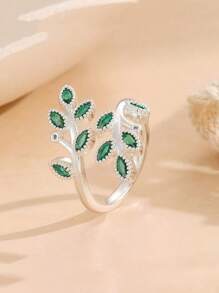 Fashionable Green Rhinestone Personalized Leaf Elegant Creative Open Sterling Silver Ring Valentine's Day Gift
