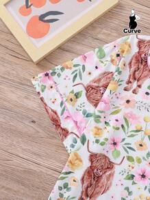 2 Pieces Set Highland Cow Print Women Plus Size Sleepwear Set, Including Soft Short Sleeve Collared Button Shirt Top And Elastic Waist Loose Shorts, Stylish Loungewear For Holiday Party, Home & Outdoor Casual Use