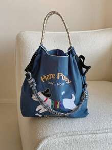 Fashion Shopping Bag Women's Shoulder Bag Nylon Fabric Bag Dog Embroidery Lightweight Storage Bag Commuter Bag Travel Backpack Large Capacity Tote