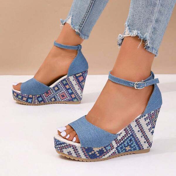 Women's Fashion Summer Buckle Denim Platform High Heel Open Toe Wedges Sandals