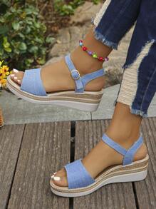 Neue Mode Sommer Rückenriemen weiß Mutter einfach bequem Frauen Plateau-Keil-Sandalen, gewebter blauer Denim Schwarz Sohle