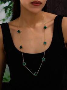 1pc Gold-Color Fashionable Zinc Alloy 5 Leaf Clover Floral Decor Long Necklace, Suitable For Women Casual Daily Accessories, Wedding Gift Jewelry