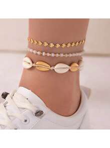 1-7pcs Bohemian Style Starfish & Beaded Braided Bracelets For Girls, Ocean Theme, Beach, Seashell, Beige & Ivory,Bracelets For Women,Summer Jewelry,Gold Jewelry Women