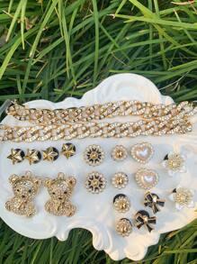 Set de 20 piezas Decoración con cadena de oso dorado de rhinestone completo para zapatos de jardín DIY, accesorios extraíbles para sandalias/pantuflas de estilo campus, adecuado para todas las temporadas y regalos festivos