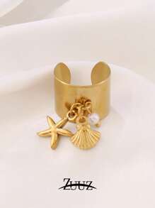 1 pièce Bague large ouverte en acier inoxydable et plastique ronde avec pendentif coquillage de perle et étoile de mer. Cadeau de bijoux charmants pour femmes, convient pour un port quotidien