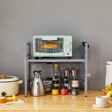 Expandable Microwave Rack With 6 Hooks, Countertop Oven Shelf Stand Unit, Kitchen Worktop Storage Organiser, 1 Tier, Grey - Grey - View 2