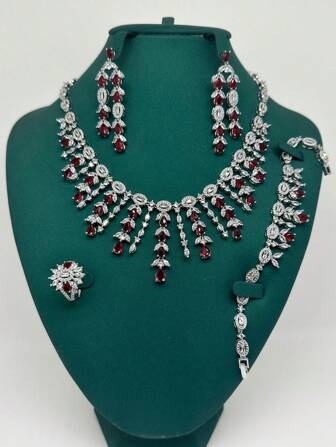 5 件套奢华新娘首饰套装，适合女士，婚礼派对彩色黄黑色方晶锆石项链耳环手链戒指 4 件套，母亲节情人节礼物