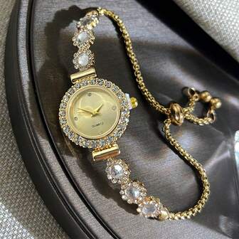 1 件女士优雅时尚石英表，带向日葵水钻镶嵌表圈、水晶时标