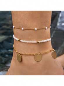 1-7pcs Bohemian Style Starfish & Beaded Braided Bracelets For Girls, Ocean Theme, Beach, Seashell, Beige & Ivory,Bracelets For Women,Summer Jewelry,Gold Jewelry Women
