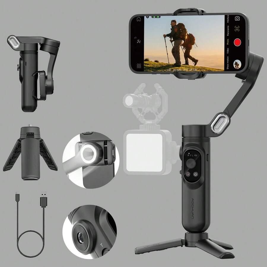 AOCHUAN 智能手机云台稳定器 3 轴手持电动稳定器 USB 可充电可折叠便携式 AI 面部跟随物体身体跟踪对焦/变焦控制适用于视频录制/Vlog/内容创作者用于音乐会旅行登山旅游创意应用程序和桌面直播多功能智能 3 轴手机云台稳定器主动跟踪 - 黑色 - 查看 1