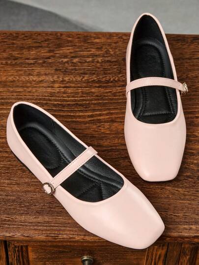 Women's Fashion Square-Toe Casual Flat Shoes, Soft Pink Color, Versatile For Office, Outdoor, Party, Wedding
