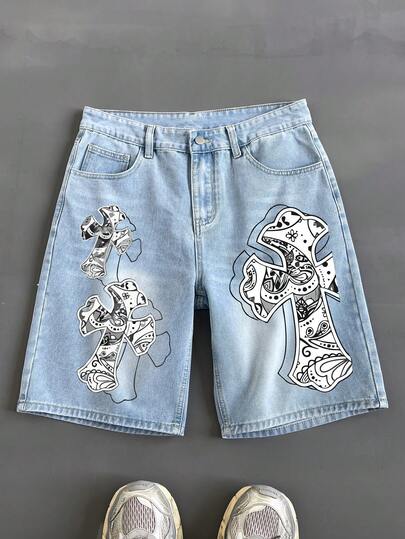 HEHCN 男士浅蓝色水洗宽松十字印花牛仔短裤，简约时尚休闲日常穿着，美式街头风休闲百慕大短裤