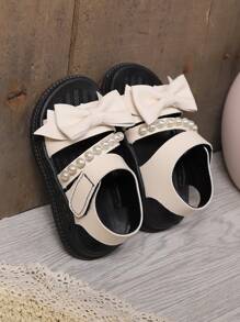 1 Paar Mädchen Perlen-Schleifen-Dekor PU-Leder offene Zehenspitze weiche Sohle lässige Modeschuhe Sandalen, geeignet für den Sommer
