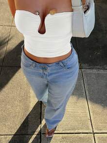 Áo crop top bó sát gợi cảm thanh lịch quyến rũ mùa hè cho nữ cỡ lớn màu trơn hở ngực hình chữ U khóa cài khóa giọt nước thiết kế khoét lỗ - trắng - Xem 4