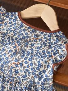 Young Girl Cute Floral Print Frill Cap Sleeve Mori Style Dress With Ruffle Hem, Summer