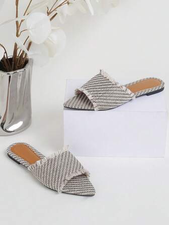 女士时尚流苏设计平底凉鞋，户外休闲一脚蹬拖鞋