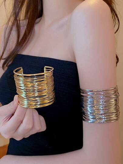 1pc Fashion Exaggerated Hollow Metal C-Shaped Adjustable Bangle Bracelet, Niche High-End Arm Band Design Accessory