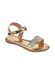 Children's Casual Flat Sandals Upper Rhinestone Shiny Patent Leather Back Buckle Comfortable Fashion - 金色 - 查看 2