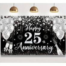 1 pièce Décorations pour 25e anniversaire de mariage, Bannière noire et argentée Joyeux 25e anniversaire 180 cm x 110 cm/70,8 po x 43,3 po, Toile de fond pour photographie de 25e anniversaire, Convient pour fournitures de fête du 25e anniversaire de mariage argent