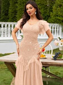 MIUSOL Đầm Maxi Dự Tiệc Tối Cổ Chữ V Tay Phồng Phối Ren Lưới Tương Phản, Viền Xếp Ly, Đầm Dự Tiệc Sang Trọng Cho Nữ, Đầm Dạ Hội Trang Trọng, Đầm Dạ Hội, Cho Khách Dự Tiệc Cưới, Tốt Nghiệp, Tiệc Tối - Rượu sâm banh - Xem 10