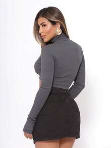 Women's Long Sleeve High Neck Ribbed Crop Top With Finger Sleeve - Dark Gray - View 2