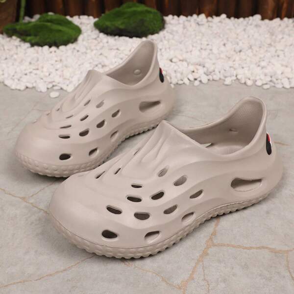 Men's Solid Color Fashion Eva Hollow Breathable Sandals, Super Soft One-Piece Insole, Comfortable Non-Slip Durable Lightweight Slippers, Suitable For Men Outdoor Sports Water Wave Patterned Beach Hole Shoes