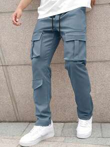 Men's Casual Drawstring Waist Straight Leg Cargo Pants - Light Grey - View 2