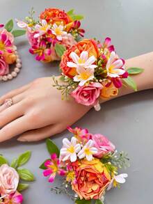 1个/6个装涤纶玫瑰手镯花，休闲风，婚礼/新娘派对胸花，伴娘花环，情人节配饰 - 手腕花 - 查看 6