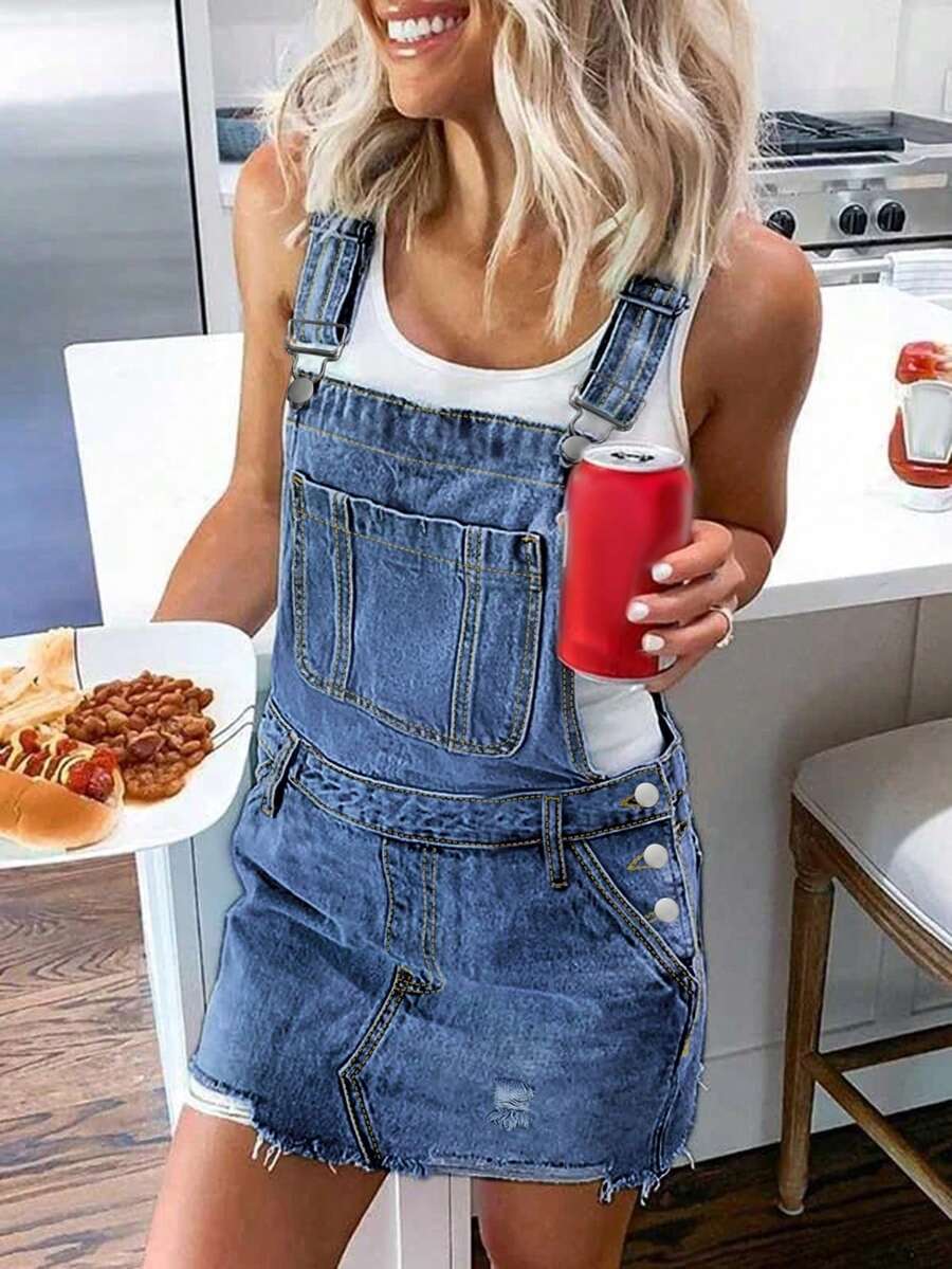 Fashionable Ripped Denim Suspender Dress For Women's Casual Wear, Adjustable Slim Strap Short Skirt, Summer Non Elastic And Slimming Denim Skirt - 中等水洗藍 - 查看 1