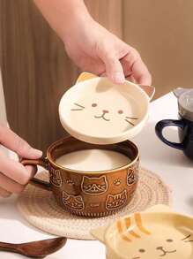 1pc Cute Cat Hand-Painted Ceramic Coffee Mug With Lid, Underglaze Colored Breakfast Cup, Tea Cup, Gift