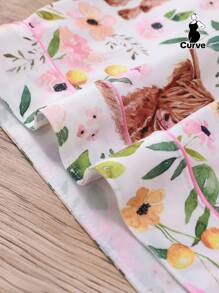 2 Pieces Set Highland Cow Print Women Plus Size Sleepwear Set, Including Soft Short Sleeve Collared Button Shirt Top And Elastic Waist Loose Shorts, Stylish Loungewear For Holiday Party, Home & Outdoor Casual Use