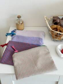 Bolsa de maquillaje con estampado de cuadros en contraste, bolsa con cremallera de tela suave, bolsa de almacenamiento con patrón de cuadros minimalista, versátil para el hogar, viajes, artículos esenciales para mujeres, artículos esenciales para viajes, bolsa de viaje, accesorios de viaje, suministros escolares de vuelta al colegio y regalos de graduación
