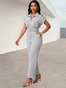 Women's Solid Color Batwing Sleeve Utility Pocket Casual Jumpsuit - Grey - View 3