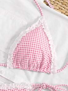 Sexy Cute Gingham Ruffled Print Bikini Set, Two Pieces Swimwear For Women, Suitable For Beach & Pool - Pink - View 3